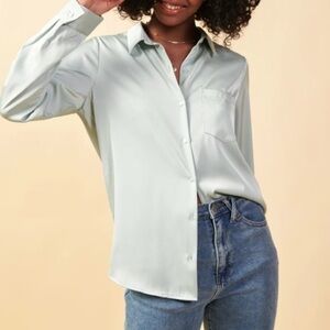 SKIES ARE BLUE Satin Button Down Blouse - Mint Green